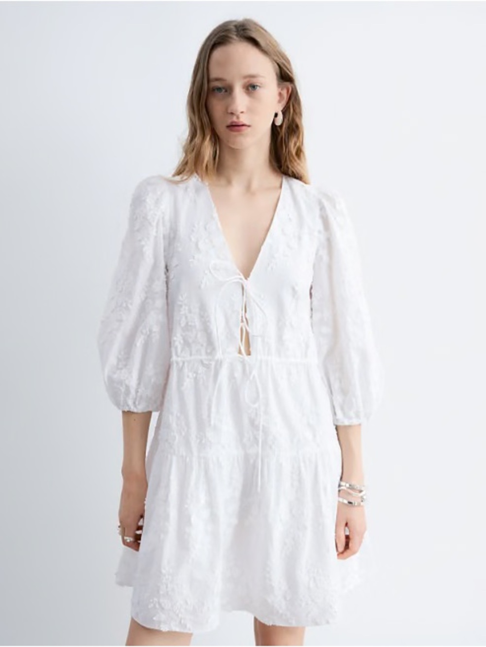 & Other Stories White V-Neck Embroidered Mini Dress